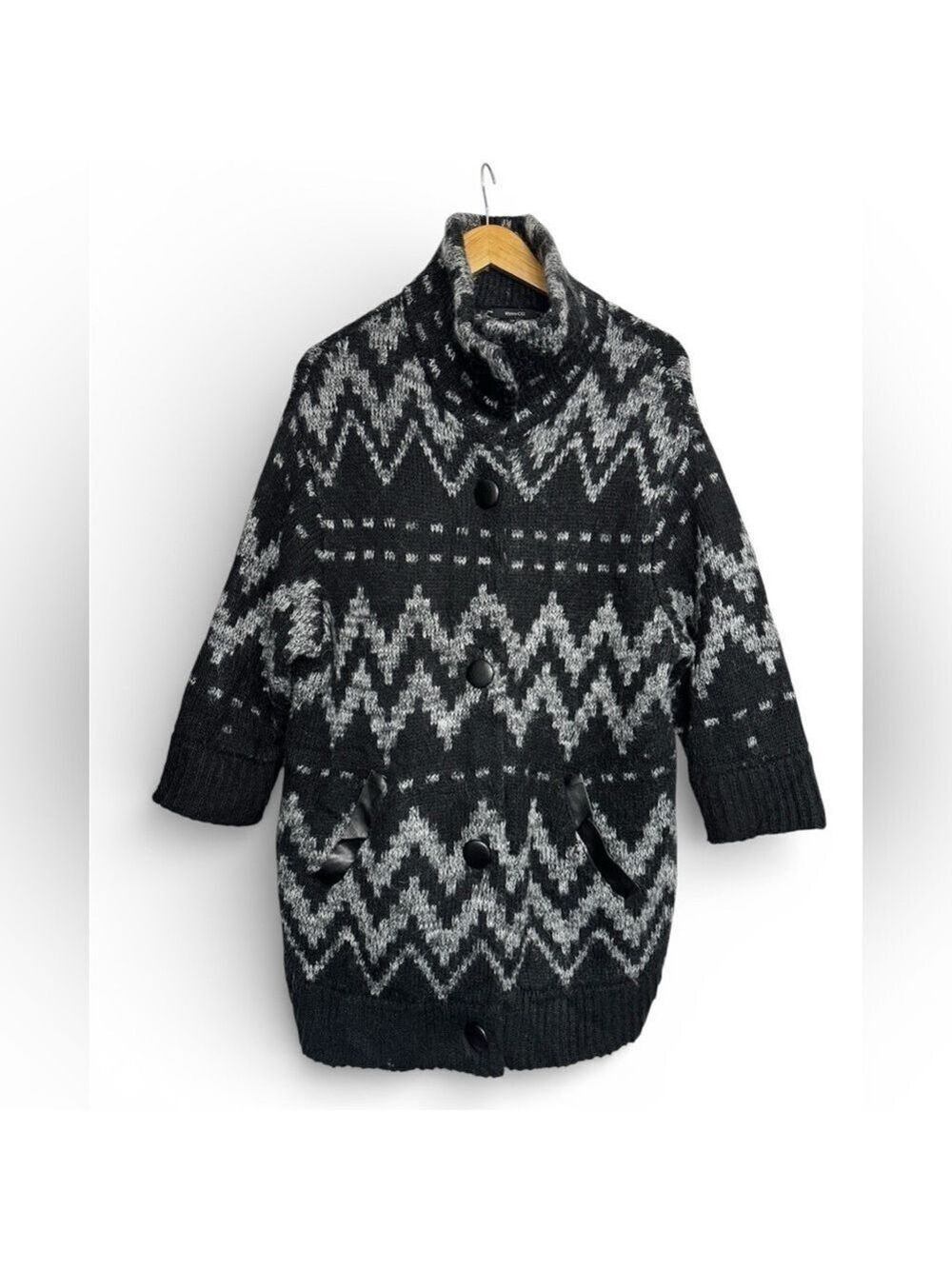 RW&Co Black and Gray Fair Isle Knit Cardigan Coat S